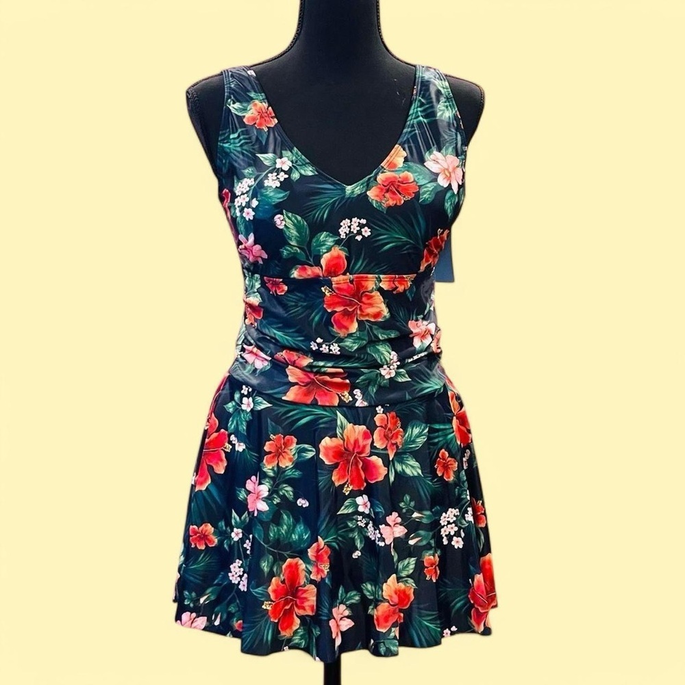 Yonique Floral Tropical Hibiscus One-Piece Swimsuit Size Large